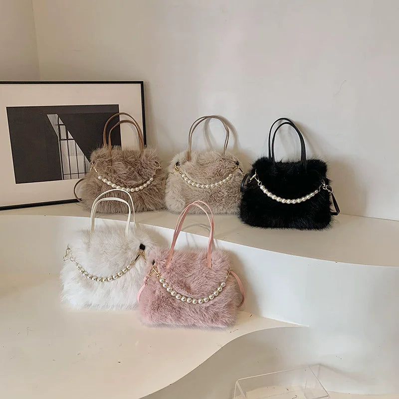 Winter Fashion Faux Fur Crossbody Bags for Women's Gift, Pearl Chain Decor Shoulder Bag, Ladies Handbags Top-handel Bag