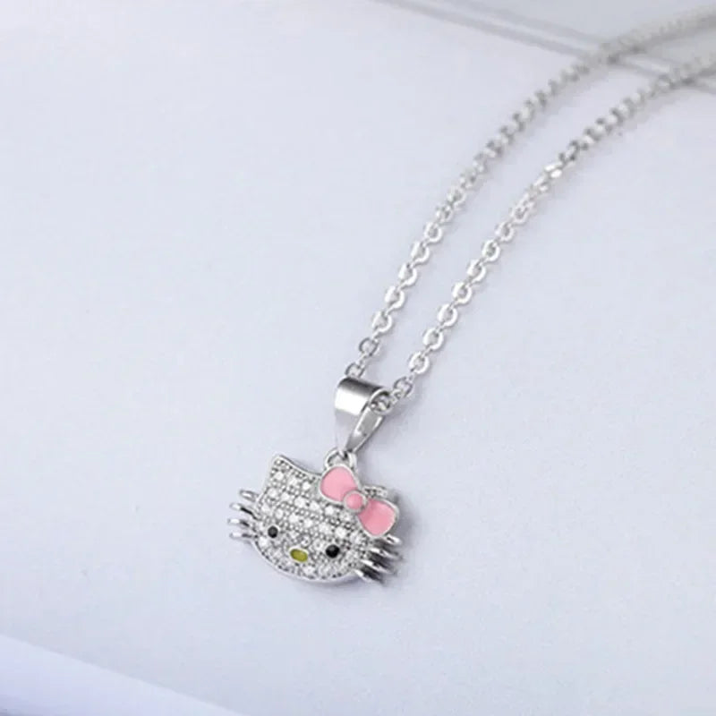 Sanrio Hello Kitty Necklace Anime Character Pink Peach Heart Crystal Cat Push-Pull Bracelet Pendant Couple Decoration Girl Gift