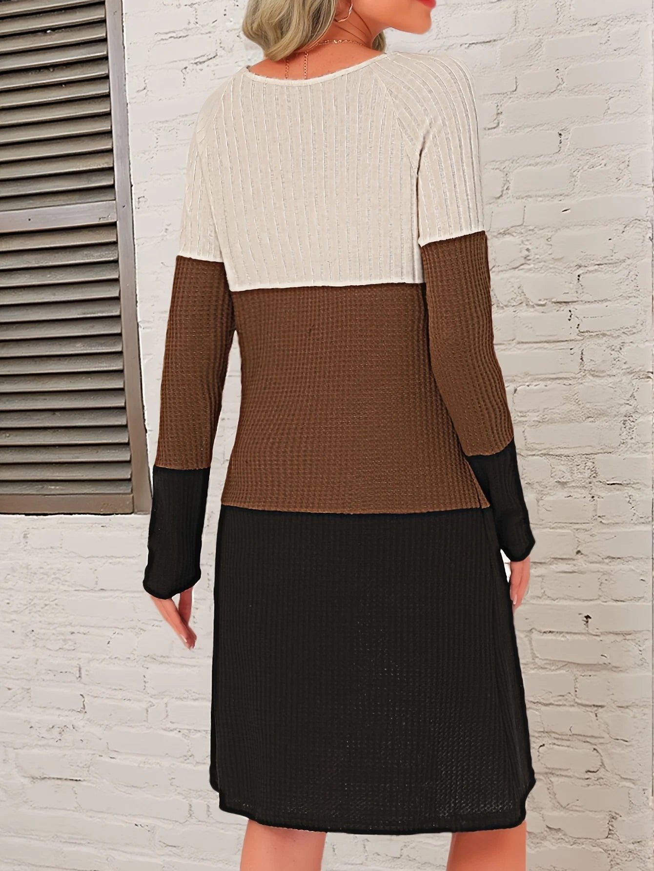 Women's Color Block Waffle Knit Long Sleeve Dress with Button Detail - Fall Winter Casual Elegant Outfit