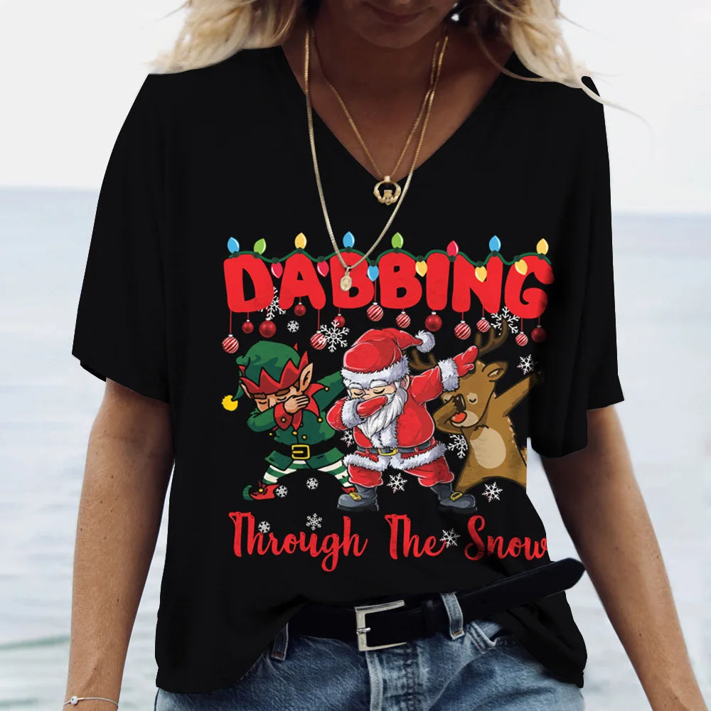Merry Christmas Women's Short sleeved V-neck T-shirt Christmas Tree Santa Claus Letter Print Simple Trendy Trend Women Clothing