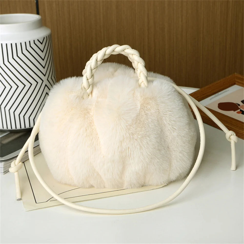 Autumn Winter Fashion Cute Tote Bags Women's Crossbody Pumpkin Plush Bag Solid Color Handbag Travel Shoulder Bags