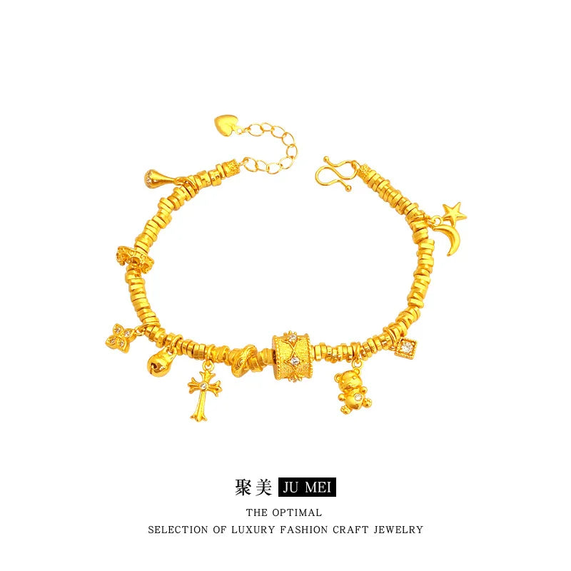 Luxury 24K 9999 Pure Gold real gold Women's Point Drill Brushed Four Mans Star Bucket Bead Bear Coil Bracelet