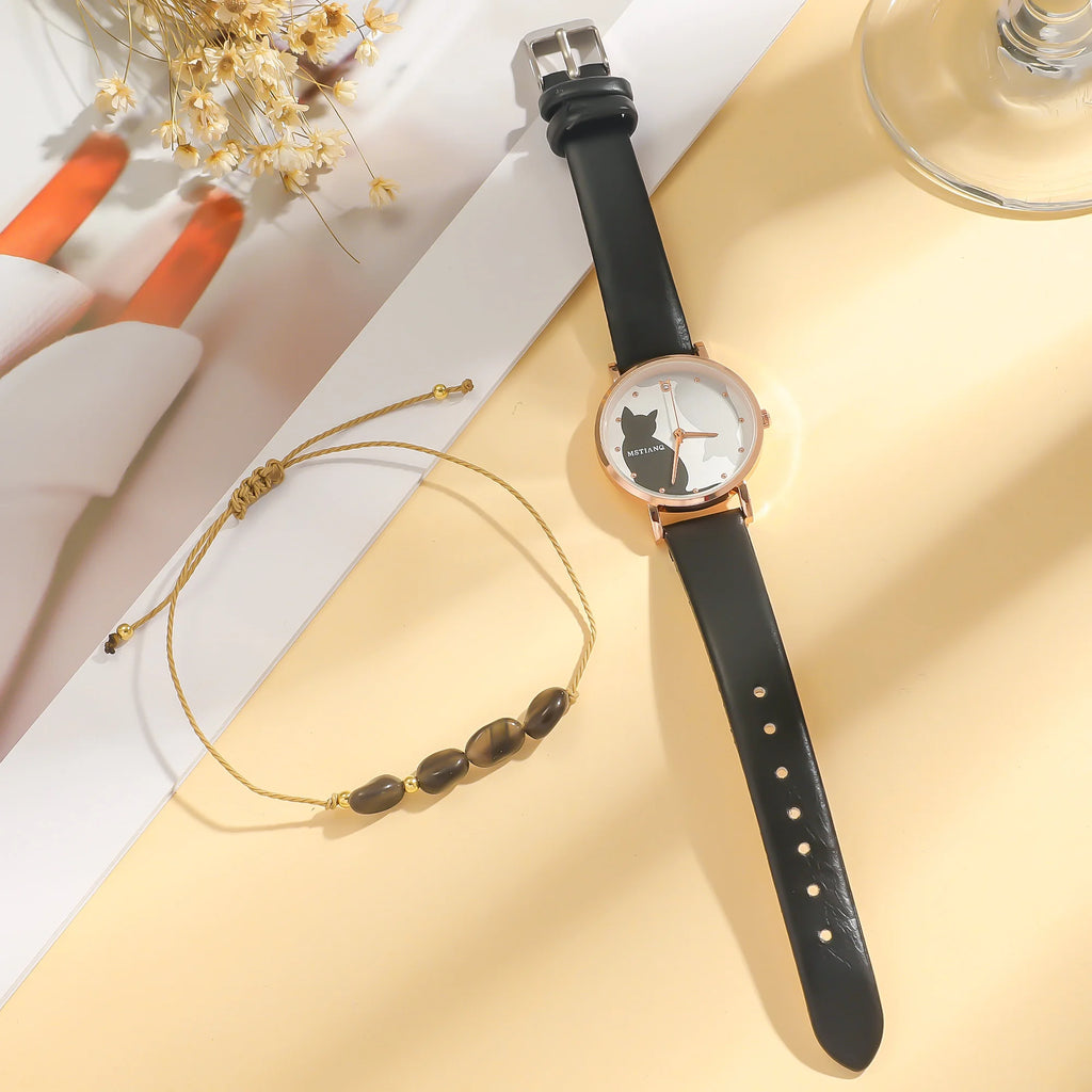 No gift box, popular elegant temperament women's fashion cat watch wristwatch   jade stone bracelet 2-piece set