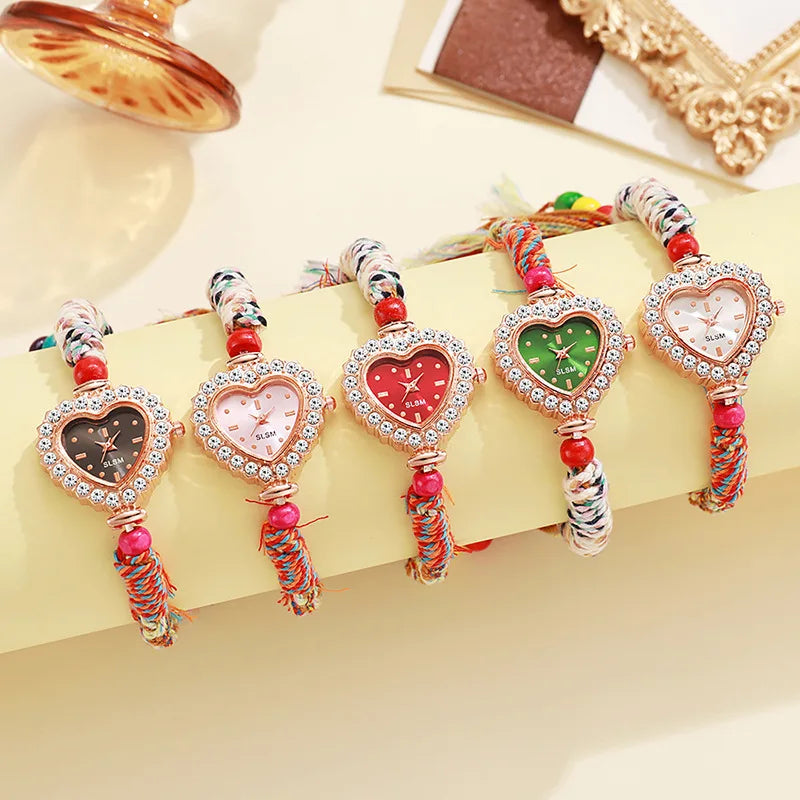 Fashion Braided Rope Strap Women Wristwatch Luxury Rhinestone Heart Dial Ladies Quartz Watches Reloj Mujer