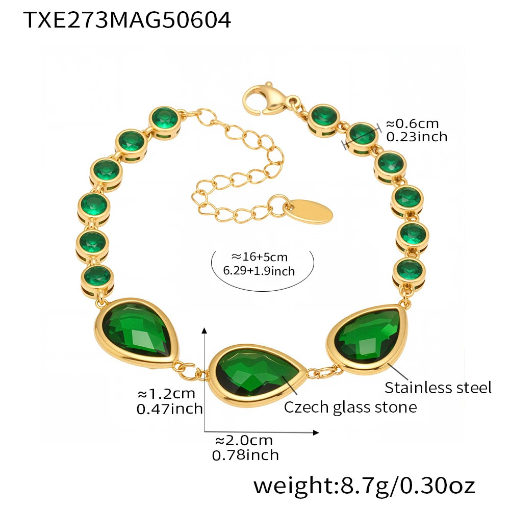 Colorful Waterdrop Stainless Steel Necklace for Women Luxury Czech Glass Gold Plated Cuff Open Bangle Charm Jewelry