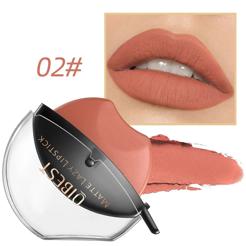 QIBEST Lip-shaped Lipstick Makeup Lazy Lipstick Velvet Matte Moisturizing Lip Gloss Waterproof Non-stick Cup Long Lasting Makeup