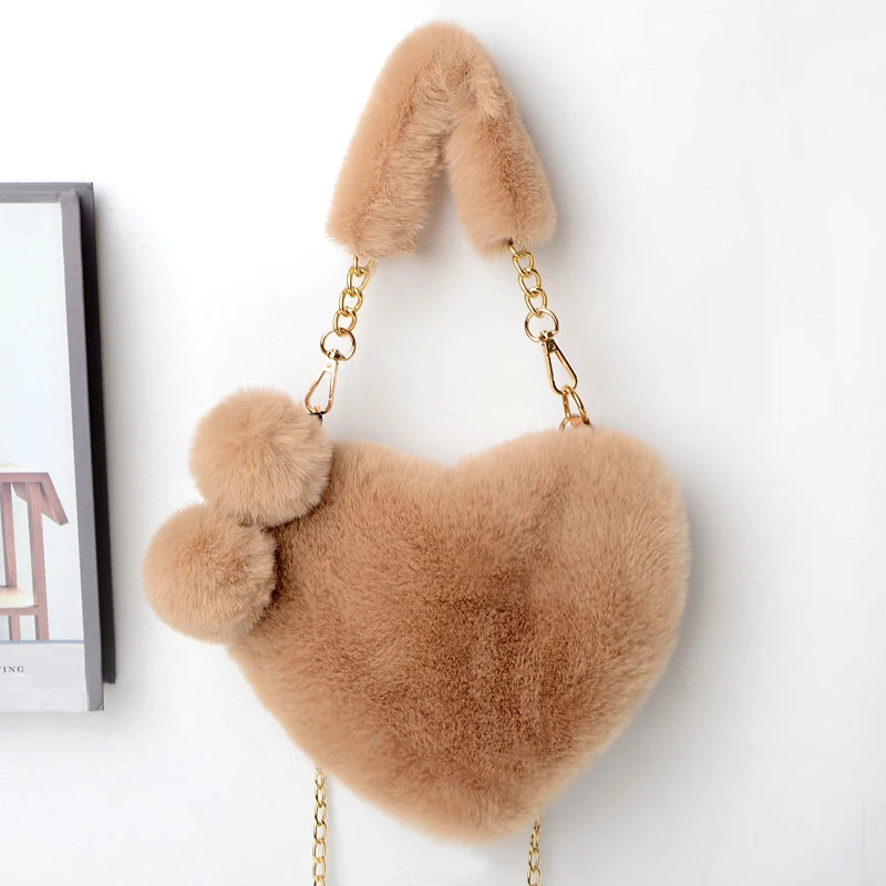 Trendy Ladies Plush Love Heart Shaped New Fashionable Solid Color Soft Comfortable Purses Popular Women Hand Bags