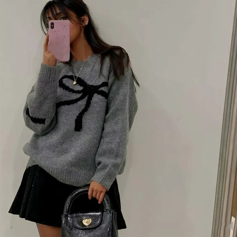 O-neck Long Sleeve Bow Tie Pattern Sweet Pullover Sweater Autumn Women Knitted Top Loose Elegant Fashion Winter Casual Knitwear