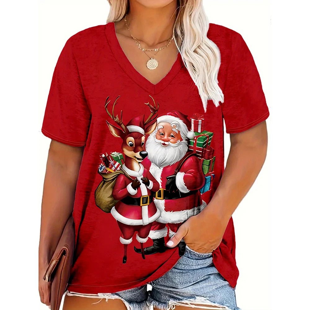 Christmas womens cartoon Santa Claus printed tops Christmas T-shirt short sleeved V-neck casual party outfit oversized women top