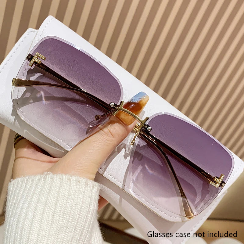Diamond-in Sunglasses Letter F Frameless Edged Sunglasses Metal Square Large Frame Trendy Glasses Women 90267