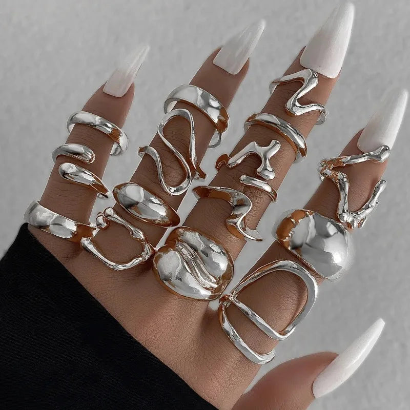 15Pcs/Set Stainless Steel Irregular Lines Water Drop Rings for Women Men Exaggerated Punk Retro Boho Fashion Jewelry Gifts