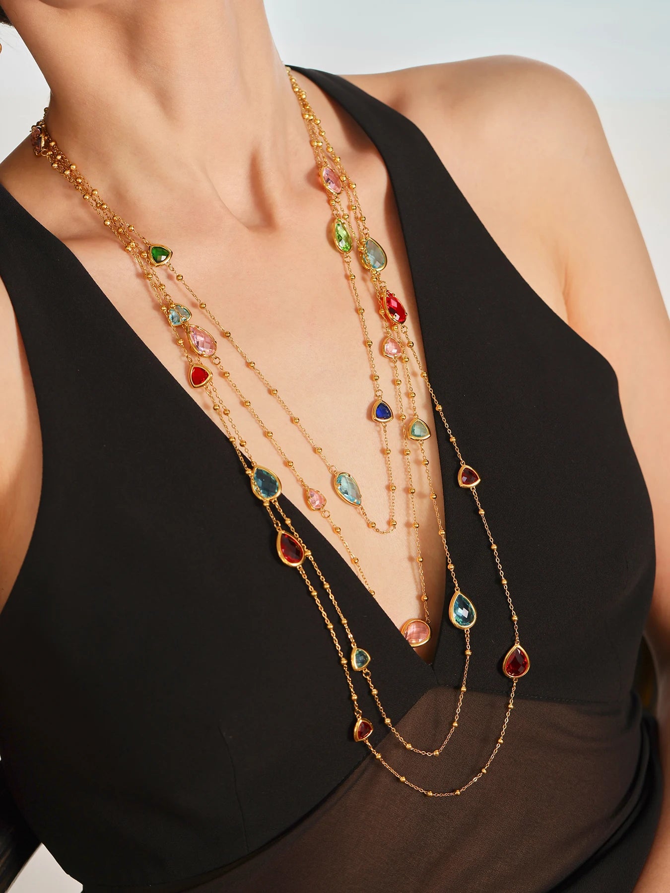 Colorful Waterdrop Stainless Steel Necklace for Women Luxury Czech Glass Gold Plated Cuff Open Bangle Charm Jewelry