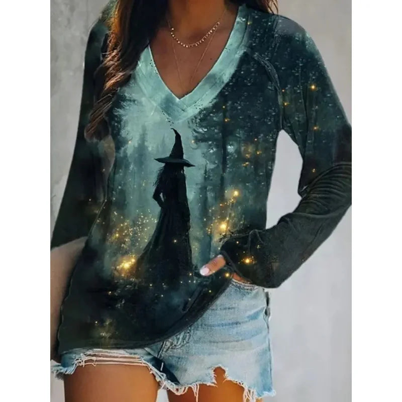 2025 Halloween Women's T-Shirts Graphic Witch Elegant Vintage Tees Long Sleeve T-shirts V-Neck Regular Tops Casual Pullover