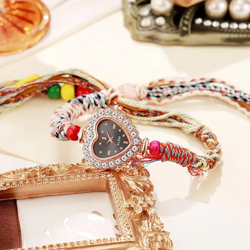 Fashion Braided Rope Strap Women Wristwatch Luxury Rhinestone Heart Dial Ladies Quartz Watches Reloj Mujer