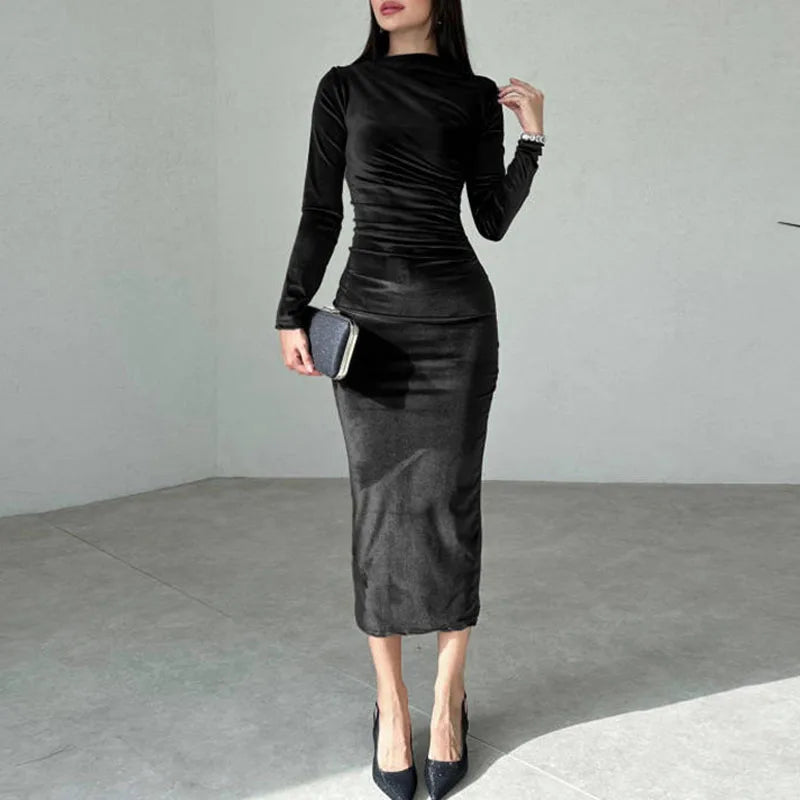 Dresses for Women New Long Sleeve O-Neck Women Dress Black Folds Package Hip Velvet Dress Women Vestidos De Verano Mujer Q890