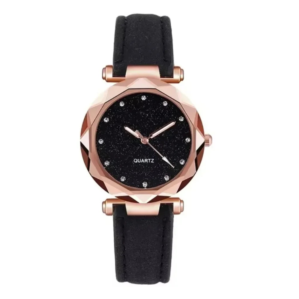 Women's Quartz Watch with Leather Strap Frosted Dial Diamond Starry Design for Elegant Gifting and Daily Use