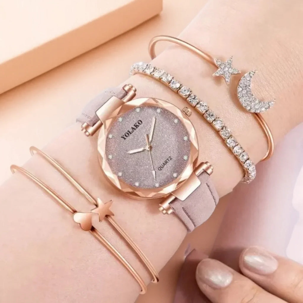 Women's Quartz Watch with Leather Strap Frosted Dial Diamond Starry Design for Elegant Gifting and Daily Use