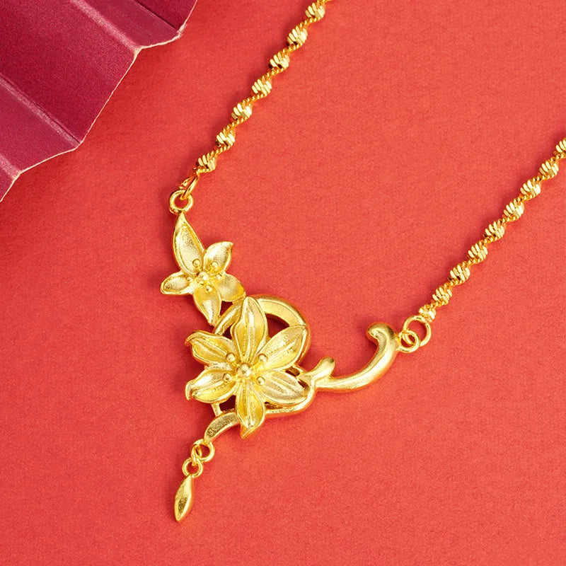 Luxury 24K 9999 Pure Gold real gold Women's Twin Flower Tassel Vine Necklace