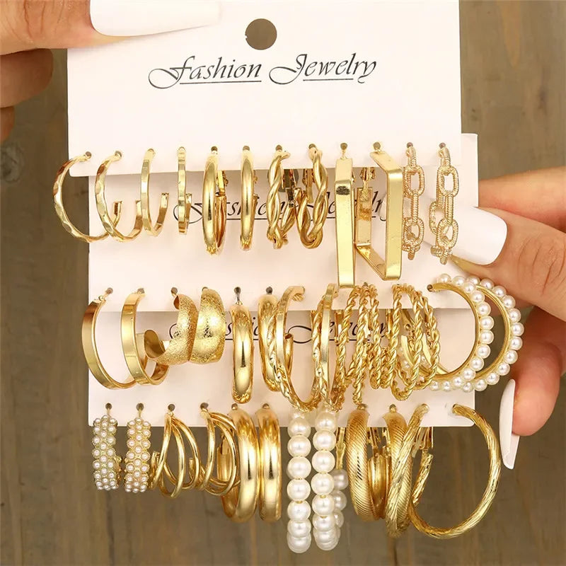 Boho Big Metal Circle Hoop Earring Set for Women Gold Color Bohemia Vintage Pearl Earring Zircon Ear Studs Jewelry Party Gifts