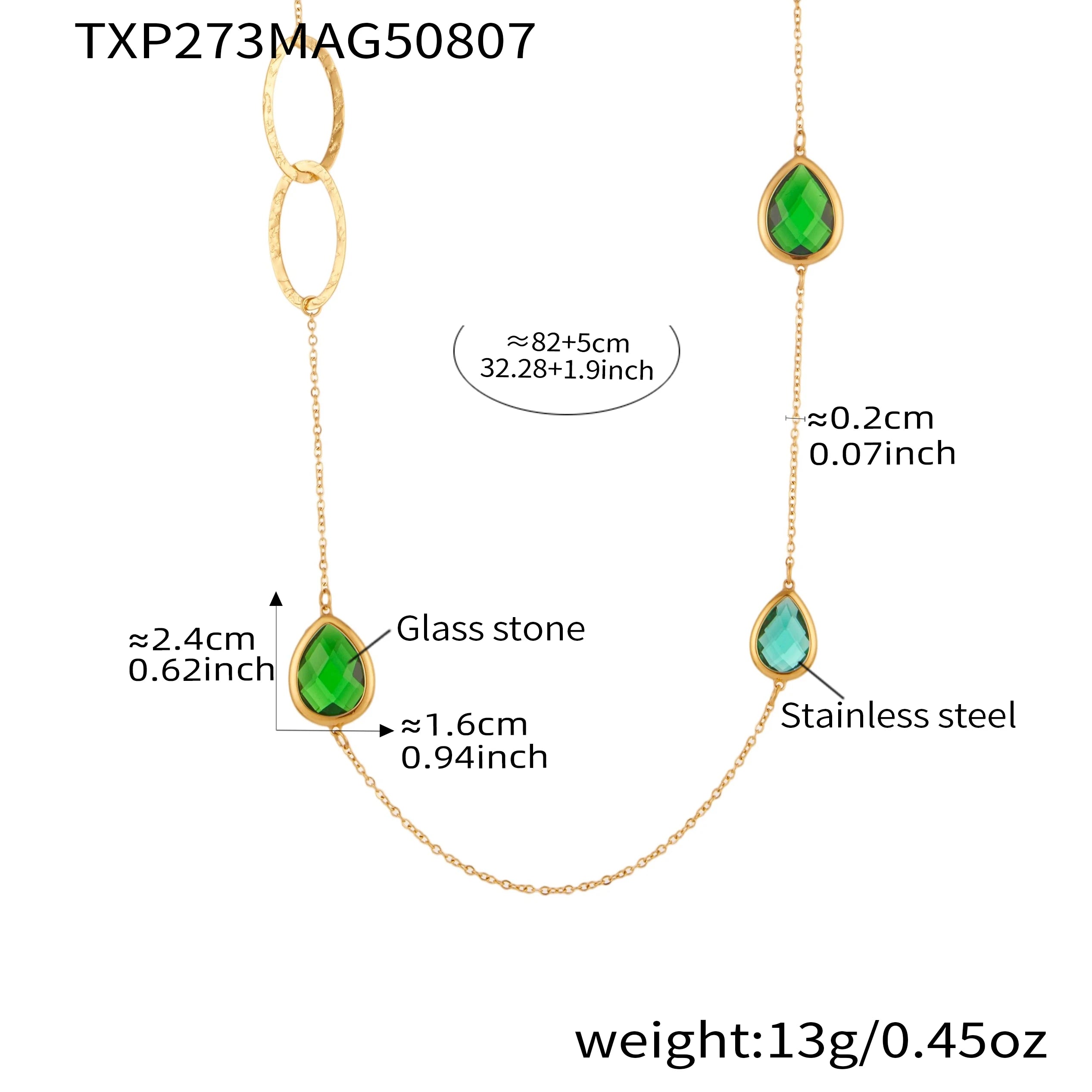 Colorful Glass Water Drop Pendant Necklace for Women's Waterproof Stainless Steel Gold-plated Chain 87cm Long Necklace Jewelry