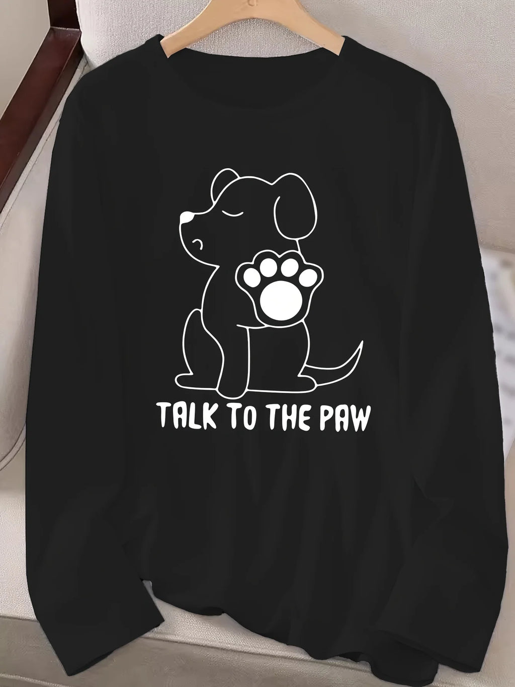 Women's Spring and Autumn 100% Cotton Fashion Casual Loose Fun Dog Pattern Printed Round Neck Long Sleeve T-shirt Top