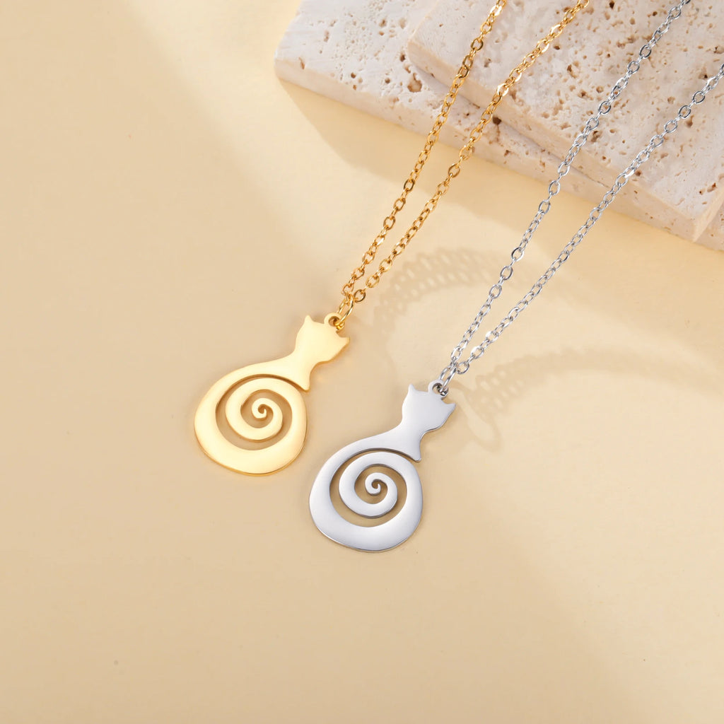 Cazador Cat Kitten Cute Swirl Spiral Tail Necklace Stainless Steel Pendant Women's Necklace Jewelry Birthday Gifts 2025 Trendy