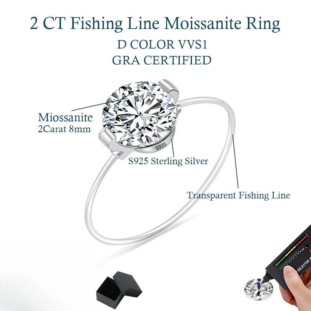 MUXIFC Transparent Fishing Line Moissanite Engagement Ring for Women S925 Silver GRA Pink Blue Diamond Ring Wedding Band Jewelry