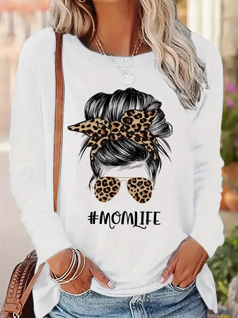 Y2k Leopard Glasses Bow Portrait Graphic Mom Life T Shirt Women's Casual Long Sleeve T-Shirt Crew Neck Top Tee Tshirt