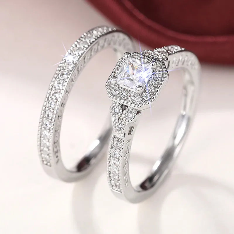 925 Sterling Silver Set Rings for Women 2Pcs Luxury Cubic Zircon Wedding Accessories Temperament Elegant Female Jewelry