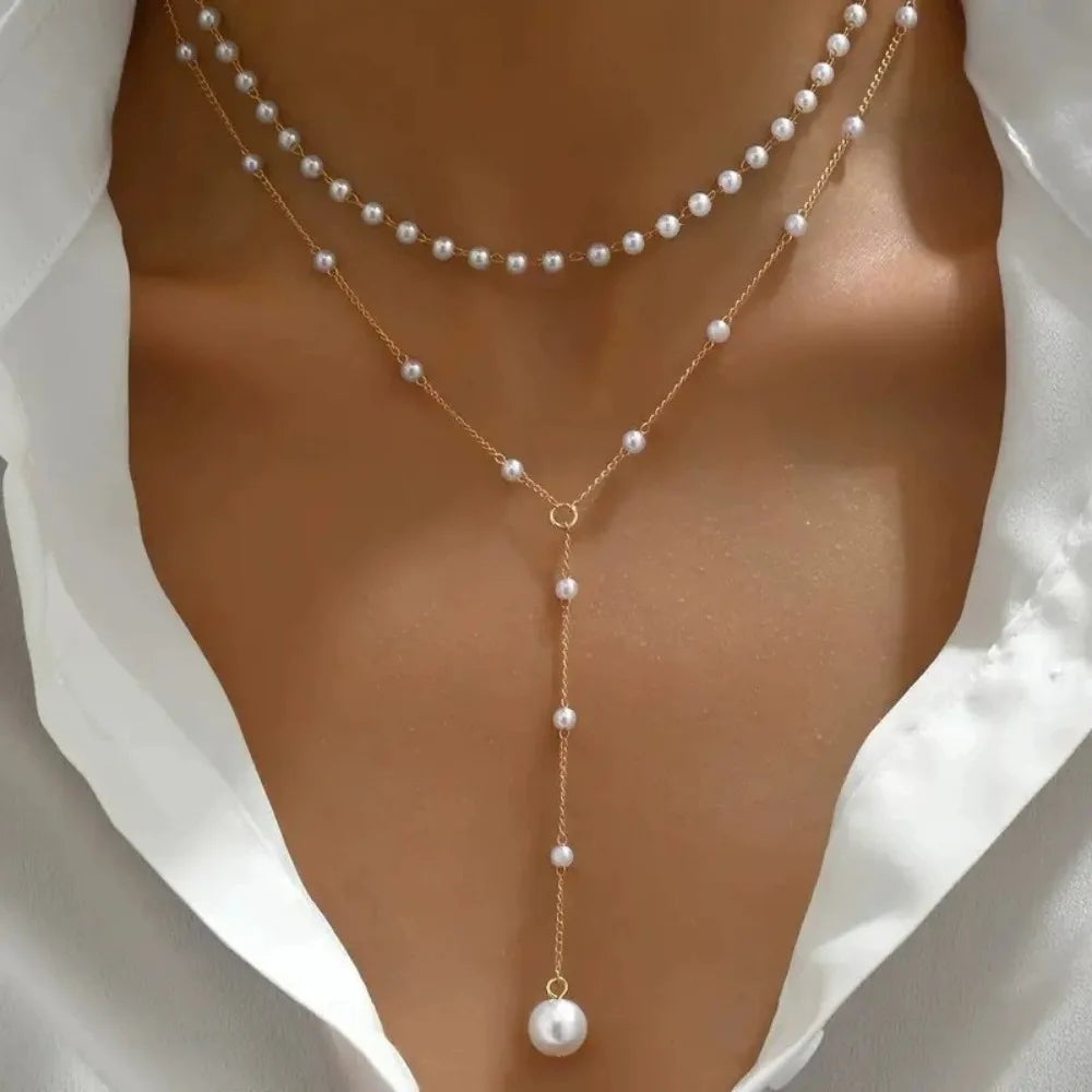 2025 New Korean Imitation Pearl Double Layered Choker Big Ball Bead Pendant Tassel Necklace for Women Sexy Fashion Jewelry Gifts