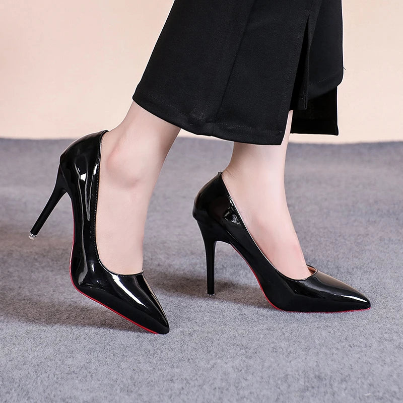Sexy Pointed Toe Patent Leather High Heels Temperament Girl Red Sole Party Dress Stiletto Pumps Classic Black Work Single Shoes