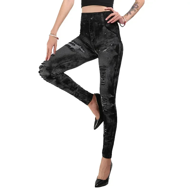 Women's High-Waist Imitation Jeans Stretch Oversize Leggings Slim Fit Push-Up Gym Streetwear Plus Size Women High Waist Leggings