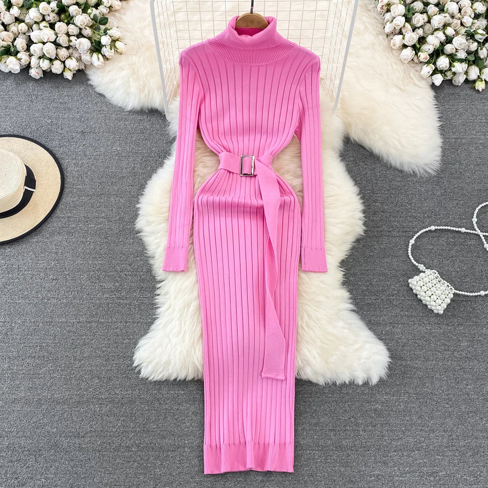 YuooMuoo Ins Hot Turtleneck Sexy Wrap Hips Knitted Dresses Women 2025 Autumn Winter Long Sleeve Bodycon Sweater Dress with Belt