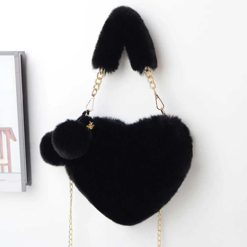 Trendy Ladies Plush Love Heart Shaped New Fashionable Solid Color Soft Comfortable Purses Popular Women Hand Bags