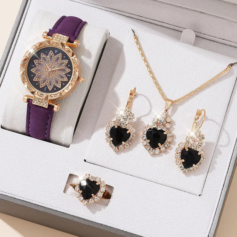 5/6PCS Set Rose Gold Luxury Watch Women Ring Necklace Earring Rhinestone Fashion Wristwatch Casual Ladies Bracelet( No Box)