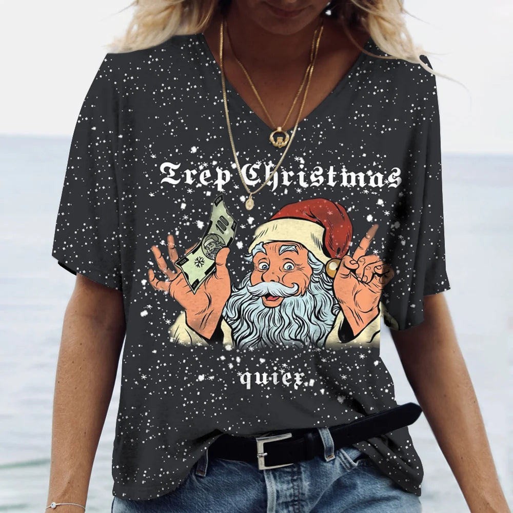 Merry Christmas Women's Short sleeved V-neck T-shirt Christmas Tree Santa Claus Letter Print Simple Trendy Trend Women Clothing