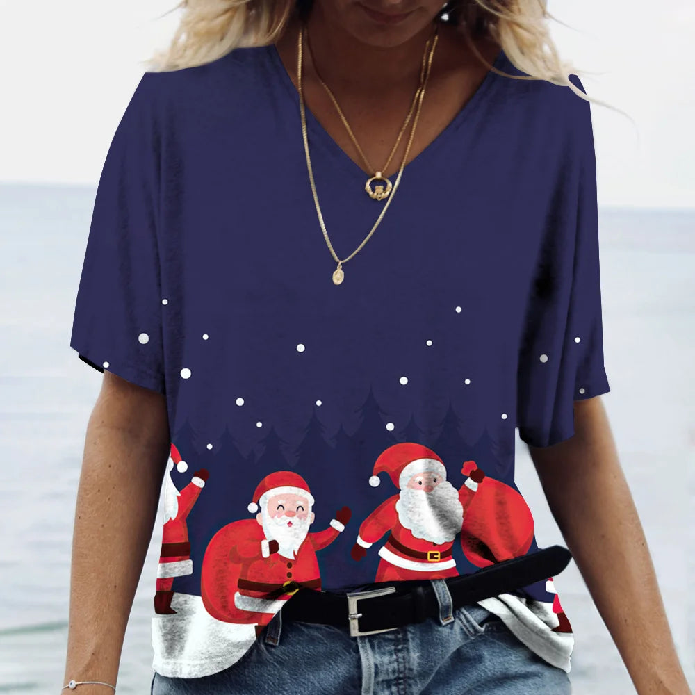 Merry Christmas Women's Short sleeved V-neck T-shirt Christmas Tree Santa Claus Letter Print Simple Trendy Trend Women Clothing
