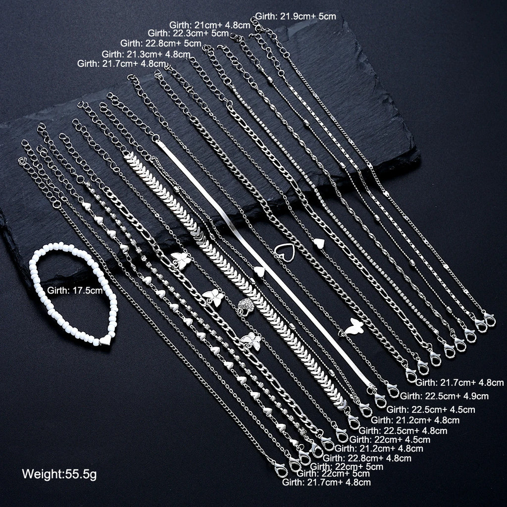 19Pcs/Set New Design Silver Color Anklet Sets for Women Fashion Pearl Butterfly Heart Crystal Foot Chain Versatile Daily Jewelry