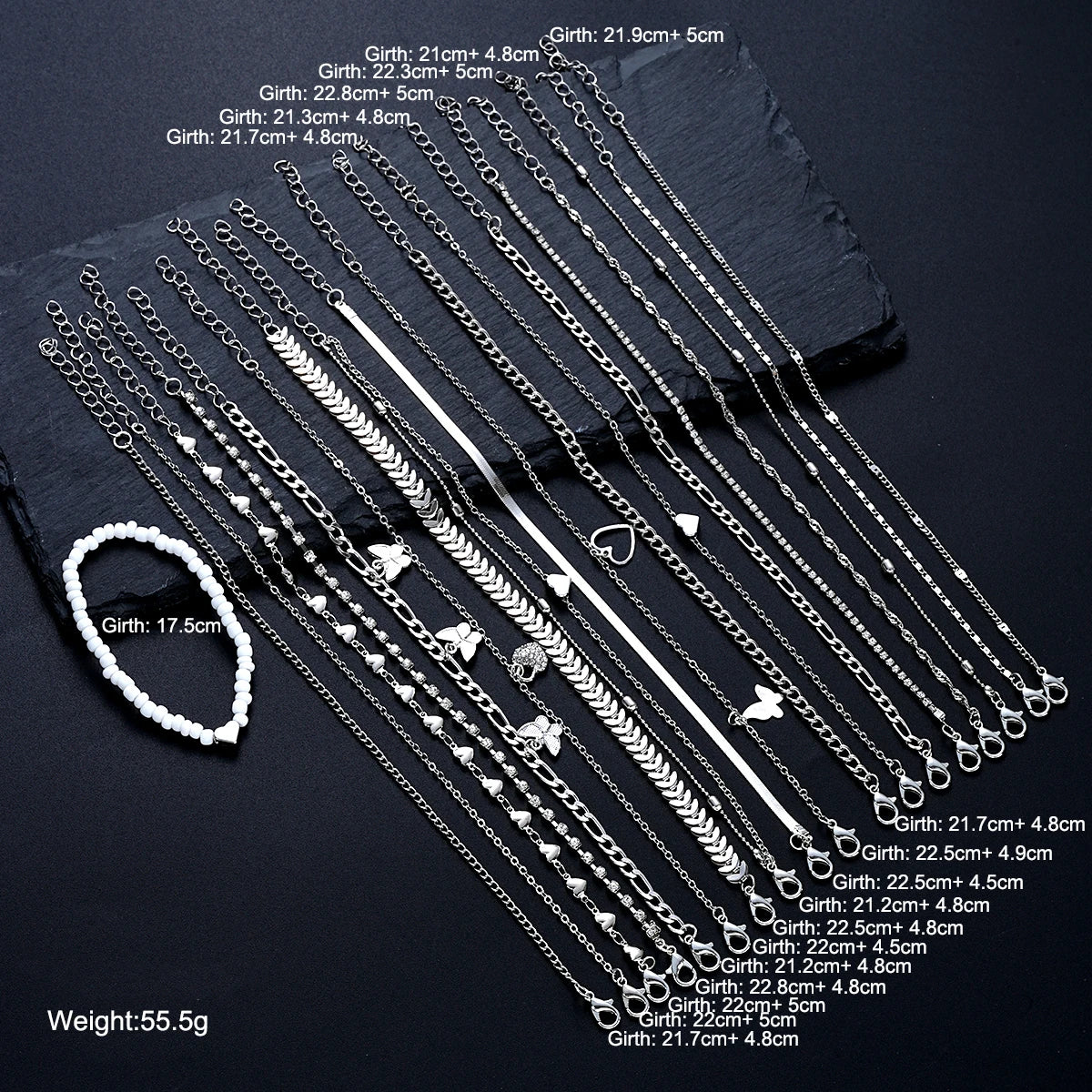 19Pcs/Set New Design Silver Color Anklet Sets for Women Fashion Pearl Butterfly Heart Crystal Foot Chain Versatile Daily Jewelry