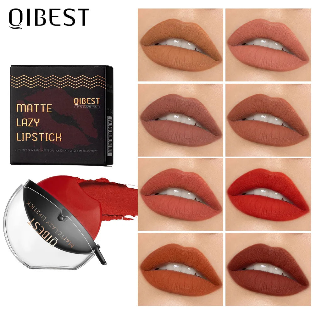 QIBEST Lip-shaped Lipstick Makeup Lazy Lipstick Velvet Matte Moisturizing Lip Gloss Waterproof Non-stick Cup Long Lasting Makeup
