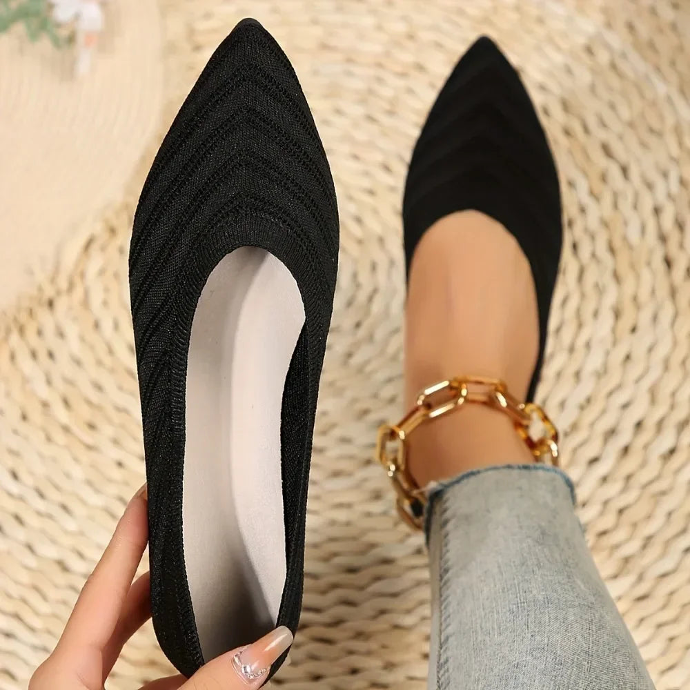Women Pointed Toe Flat Shoes 2025 New Solid Color Knitted Slip on Shoes Casual Breathable Ballet Flats Women Flat Loafers Shoes