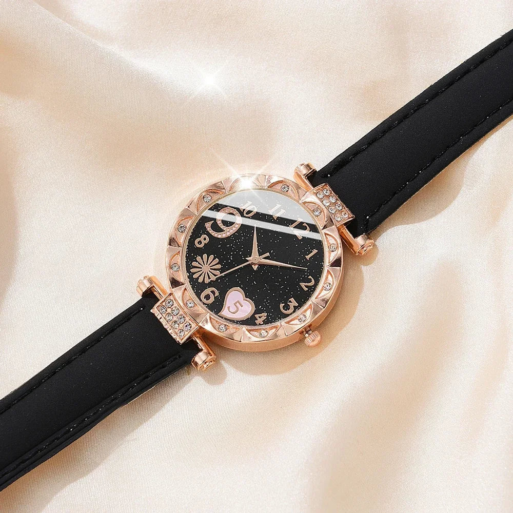 Conjunto de relógio de pulso analógico de couro feminino, pulseira de quartzo feminino, moda feminina, 6pcs