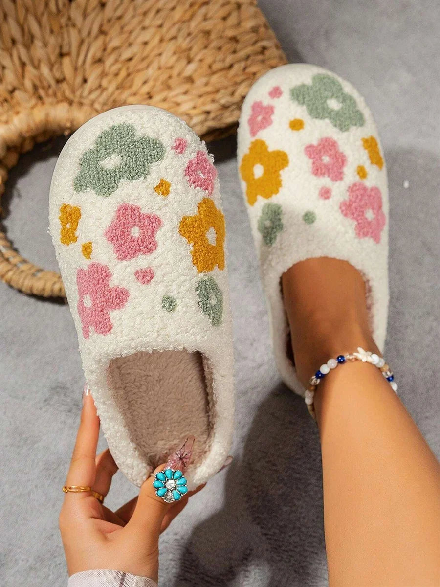 Women's Winter Slippers New Comfortable Home Cute Colorful Flowers Winter Couple's Warm Indoor