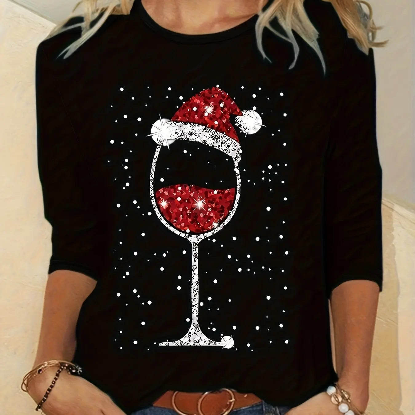 Women's Autumn 100% Cotton Casual Loose Christmas Wine Cup Christmas Hat Pattern Printed Round Neck Long Sleeve T-shirt Top