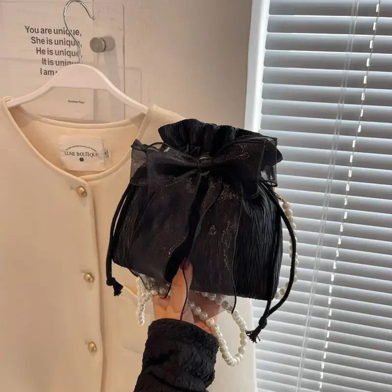 Lace Bow Bucket Crossbody Bags for Women Fashion Sweet Pearl Beading Pouch Ins Ladies Shoulder Handbags All-match Fairy Simple