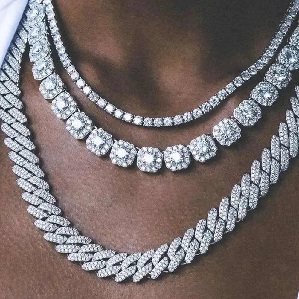 Iced Out Diamond Cuban Link Chain Necklace Men Women Rhinestone Paved Hip Hop Rhombus Cuban Necklaces Tennis Chain Jewelry Gift