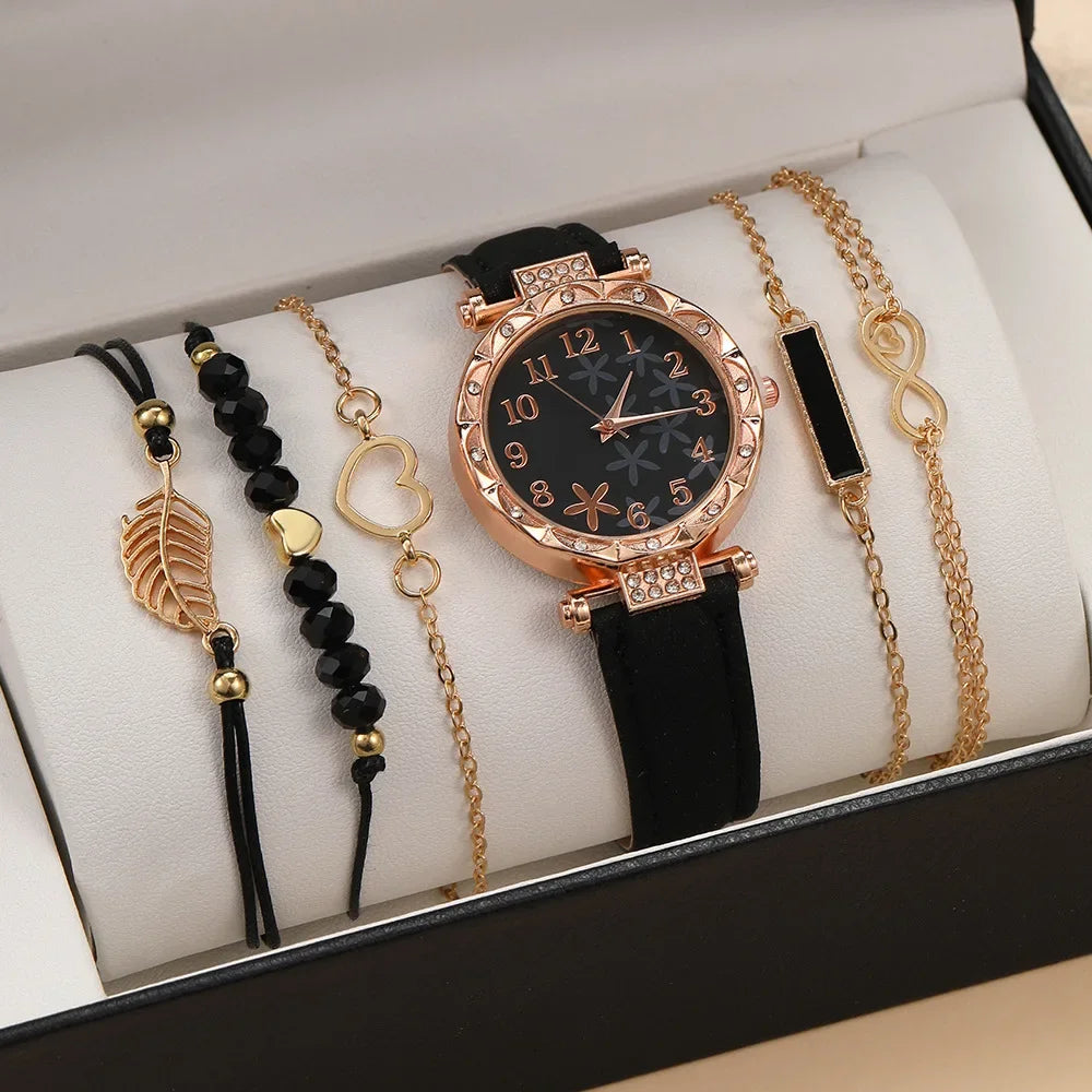 5/6PCS Set Rose Gold Luxury Watch Women Ring Necklace Earring Rhinestone Fashion Wristwatch Casual Ladies Bracelet( No Box)