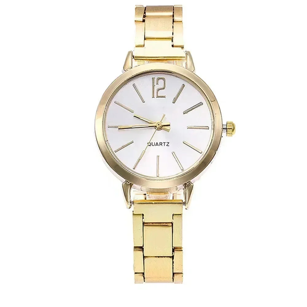 2pcs Set Luxury Watch for Women Simple Round Dial Stainless Fashion Gold Bracelet Quartz Wristwatch Ladies Watches Reloj Mujer
