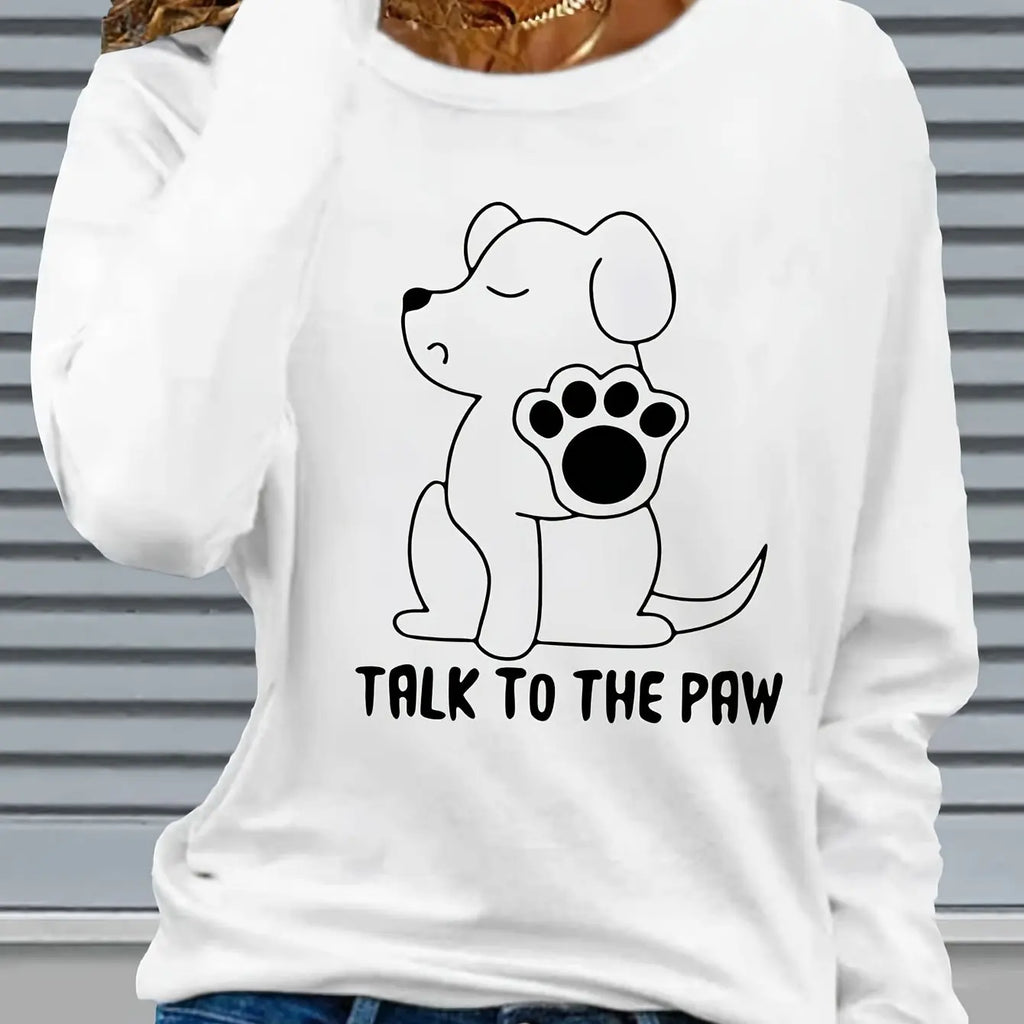 Women's Spring and Autumn 100% Cotton Fashion Casual Loose Fun Dog Pattern Printed Round Neck Long Sleeve T-shirt Top