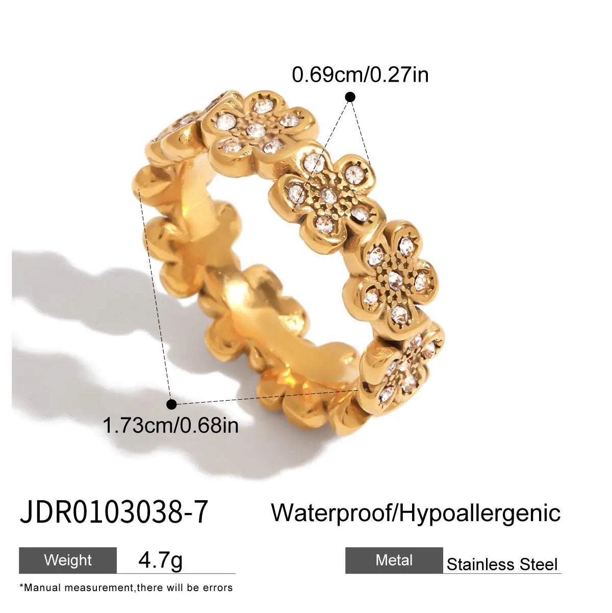 Uworld Minimalist 18K Gold Color Plated Stainless Steel Geometric Zircon Flower Ring Stackable Texture Ring Women's Jewelry